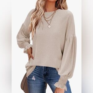 MIHOLL Womens Long Sleeve Oatmeal Top Crew Neck Ruffle Lantern Sleeve Size M